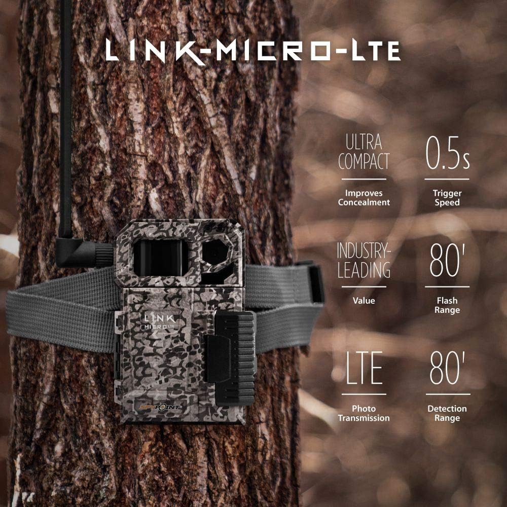 SPYPOINT LINK-MICRO-LTE-V Cellular Trail Camera 4 LED Infrared Flash Game Camera with 80-foot Detection and Flash Range LTE-Capable Cellular Trail Camera 10MP 0.5-second Trigger Speed Hunting Camera