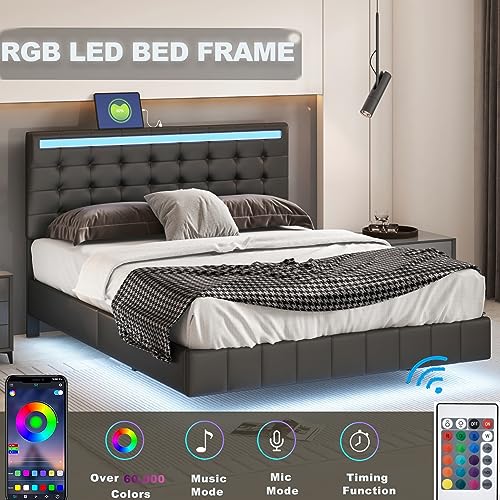 Queen Size Floating Bed Frame with LED Lights and USB Charging,Modern Upholstered Platform LED Bed Frame Queen led Bed Frame (Black)