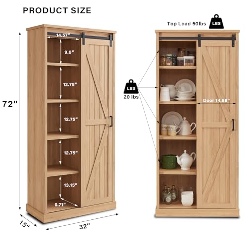 72" Tall Farmhouse Kitchen Pantry with Sliding Barn Door, Large Wood Kitchen Storage Cabinets with Adjustable Shlef, Rustic Wood Cupboard for Dining Room, Bathroom, White
