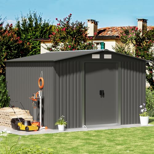 10' x 10' Outdoor Storage Shed, Garden Tool Shed with Double Sliding Door and Sloping Roof, Metal Shed House for Backyard Patio Lawn to Store Utility and Tools, Gray