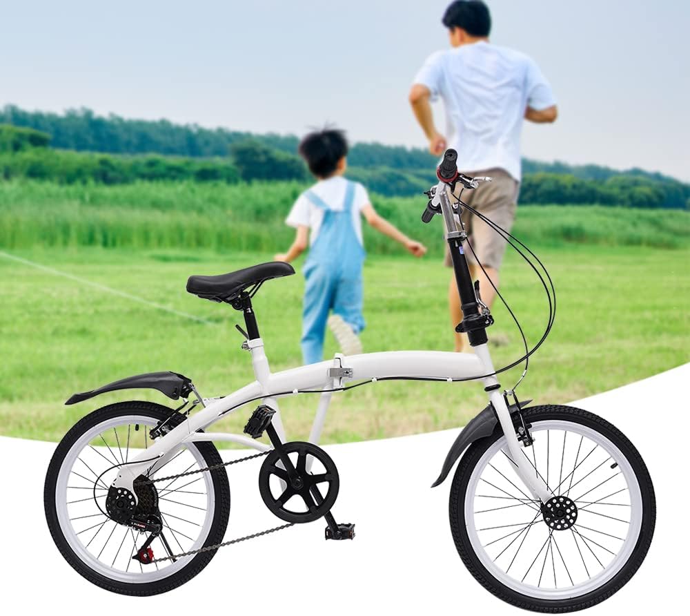 Folding Bike Foldable Bicycle with 7-Speed Shifter Adjustable Handlebar Height 20-Inch Wheels Men and Women City Bicycle with Double V-Brake for Leisure Riding &Commuting White