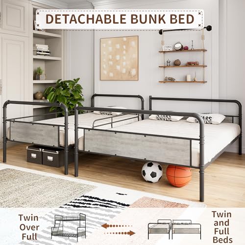 IDEALHOUSE Metal Bunk Bed Twin Over Twin, Twin Bunk Beds, Heavy Duty Twin Size Metal Bunk Bed with High Guardrail & Ladders, Convertible Bunk Beds for Kids Adults, No Box Spring Needed
