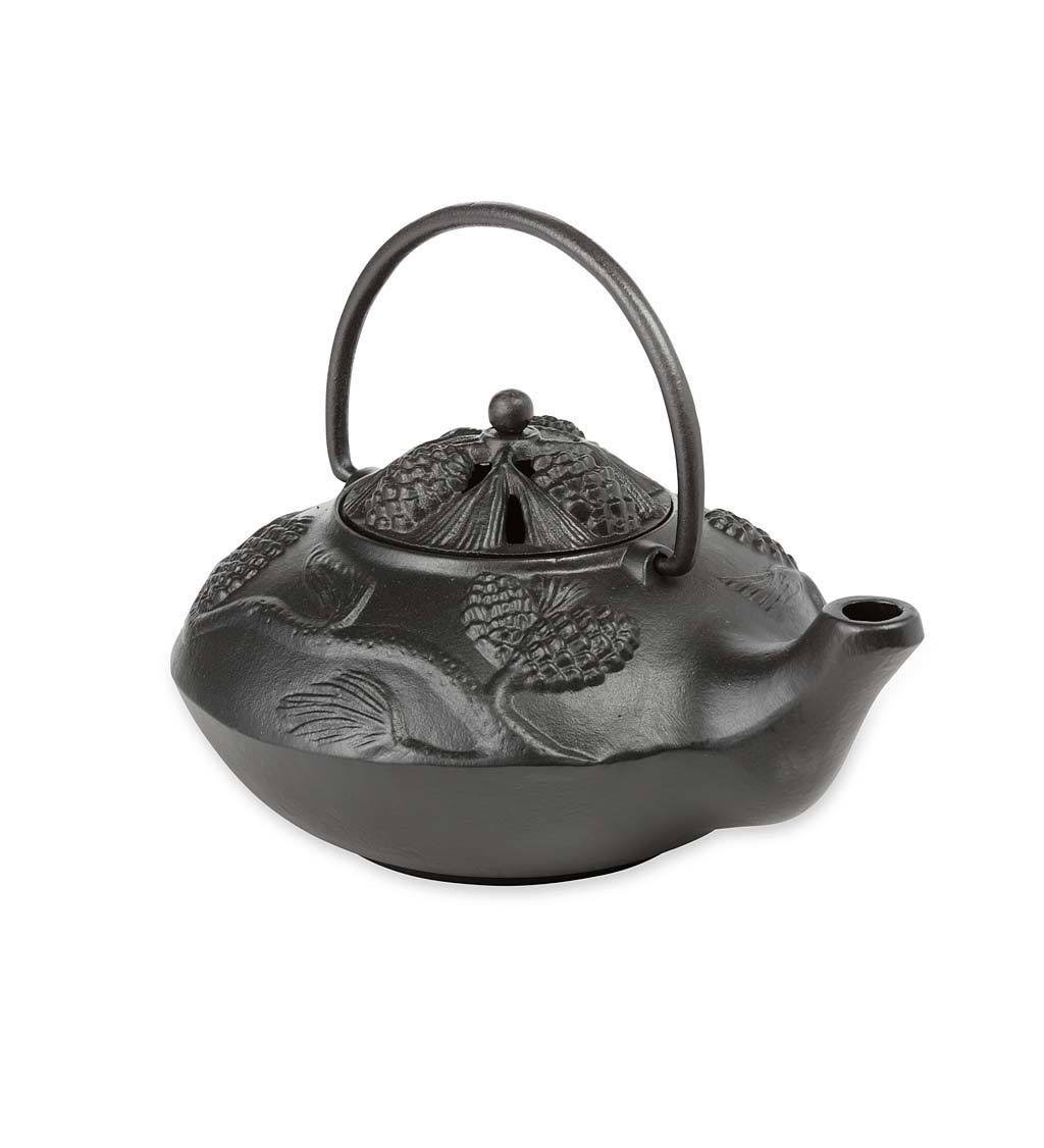 Cast Iron Wood Stove Kettle Steamer with Pine Cone Design, in Black