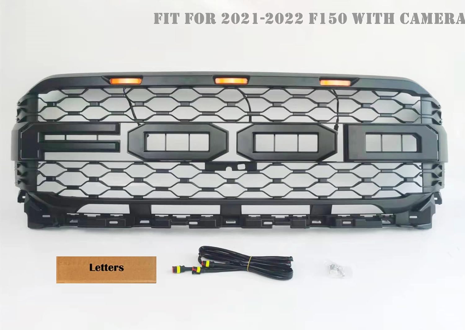 ANGUMI Front Grille Compatible with F150 2021 2022, Raptor Style Grille with Letters & LEDs Matte Black,Available for Trucks with Front Camera(US Stock)