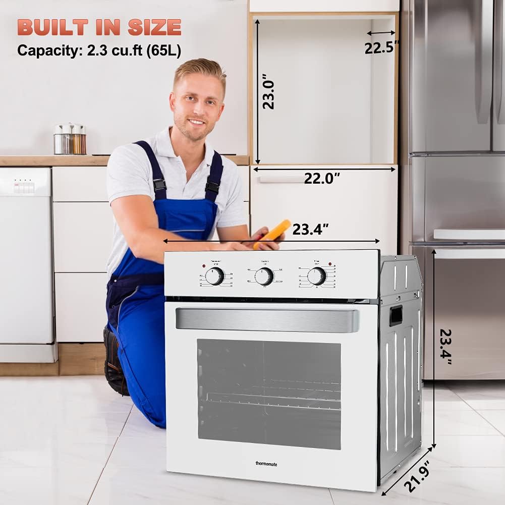 24 Single Wall Oven, thermomate 2.3 Cu.ft. Built-in Electric Wall Oven with 5 Cooking Functions, 2000W Electric Ovens with Stainless Steel Finish, Mechanical Knobs Control, ETL Certified