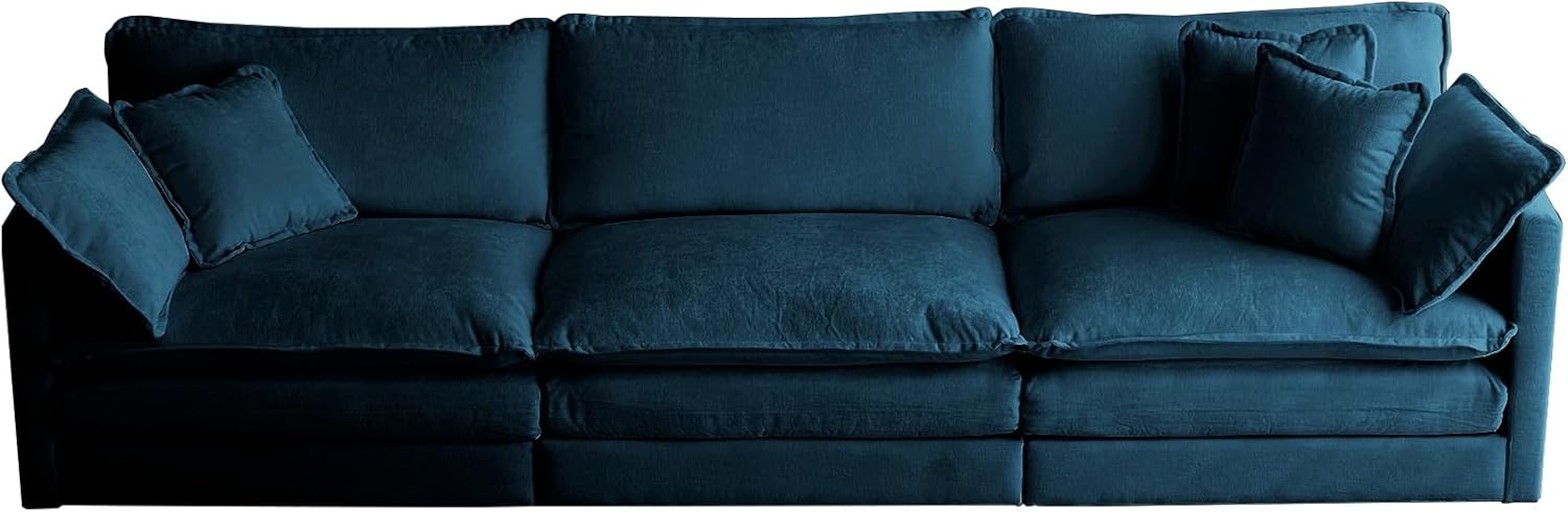 Mid-Century Modern Couch 3-Seater Sofa with 2 Armrest Pillows and 3 Toss Pillows, Couch for Living Room Blue Chenille