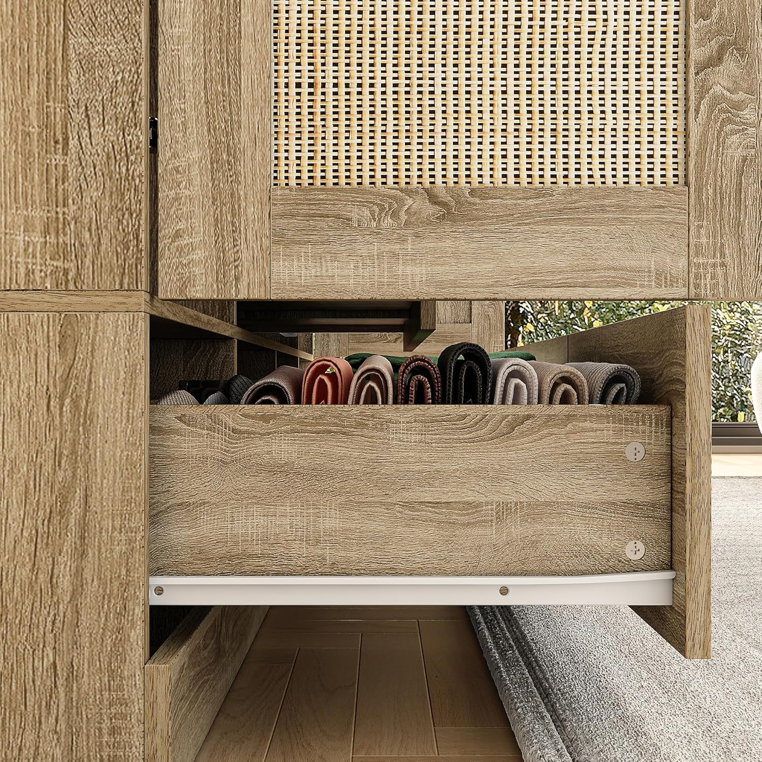 Homsee 8 Door Wardrobe Armoire Closet, Bedroom Cabinet Armoire with Rattan Doors, 5 Drawers, 2 Hanging Bars, Top Cabinets & Shelves, Light Brown