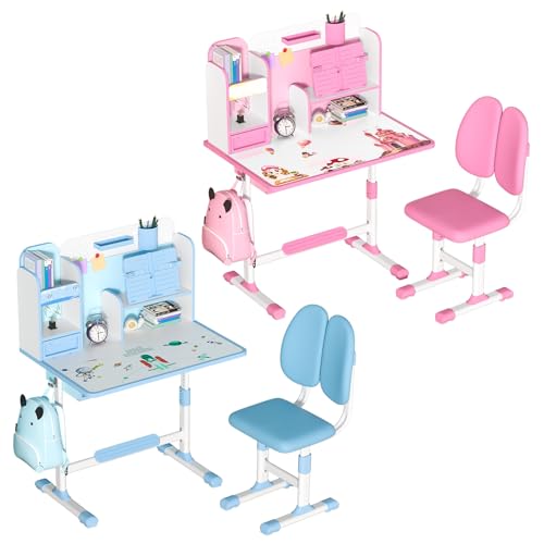 Kids Desk and Chair Set,Height Adjustable Children School Study Table and Chair Set with Sitting Corrector,Desk Chair with Book Stand, Foot Pedal, Partition Design Student Writing Table Desk