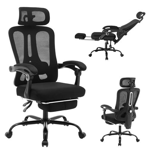 Ergonomic Office Chair with Footrest, Ergonomic Desk Chair with Adjustable Lumbar Support, High Back Mesh Office Chair with Headrest, Executive Office Computer Chair 360 Swivel Task Chair Cream
