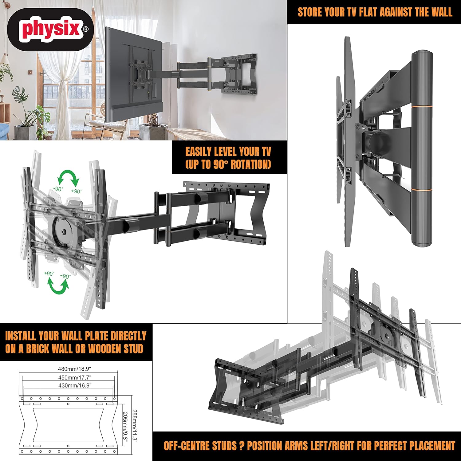 Physix 4100 Long arm TV Wall Mount for 32-85 inch Screens Extra Long Extension up to 40 inch Heavy-Duty TV Mount Holds up to 120 lbs Full-Motion, swivels up to 180° Max. VESA 400x400, Black