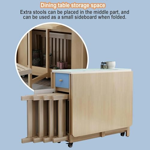 Folding Dining Table, Space Saving Dinner Table with Storage Space and 4 Wheels, Table and Chair Combination Set for Kitchen Small Spaces Apartment,Brown,with 4 Chairs, Wood