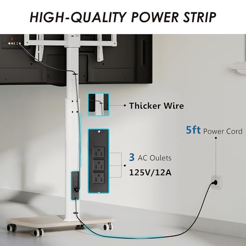 FITUEYES Rolling TV Stand with Power Outlets, Swivel Portable TV Stand for 32-75Inch LCD LED OLED Flat/Curved Panel Screen TVs, Height Adjustable&Wood Base, Mobile TV Cart Holds up to 99Lbs.