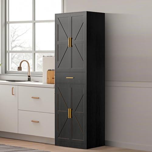 71" Tall Kitchen Pantry Storage Cabinet with 4 Doors & Drawer, Adjustable Shelves, Farmhouse Cupboard, Freestanding Cabinet with Door Shelves for Dining Room/Living Space, Black