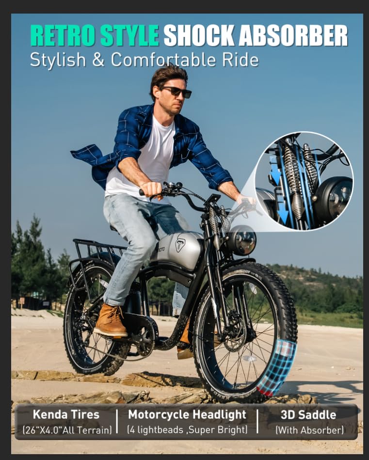 TESMOTO Electric Motorcycle Adults【1500W BAFANG Motor & Samsung 52V 20AH】, 34MPH & 75Mils Retro Style Moped Ebike,26"x4.0" Fat Tire Electric Dirt Bike,Dual Hydraulic,Full Suspension for All Terrain
