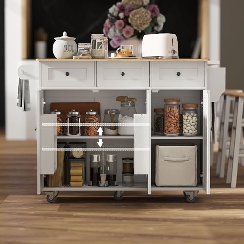 HOMCOM Rolling Kitchen Island with Power Outlet and Drop Leaf, 53" Island Table with Wood Top, 3 Drawers, Adjustable Shelf, Spice & Towel Rack, Kitchen Cart on Wheels, White