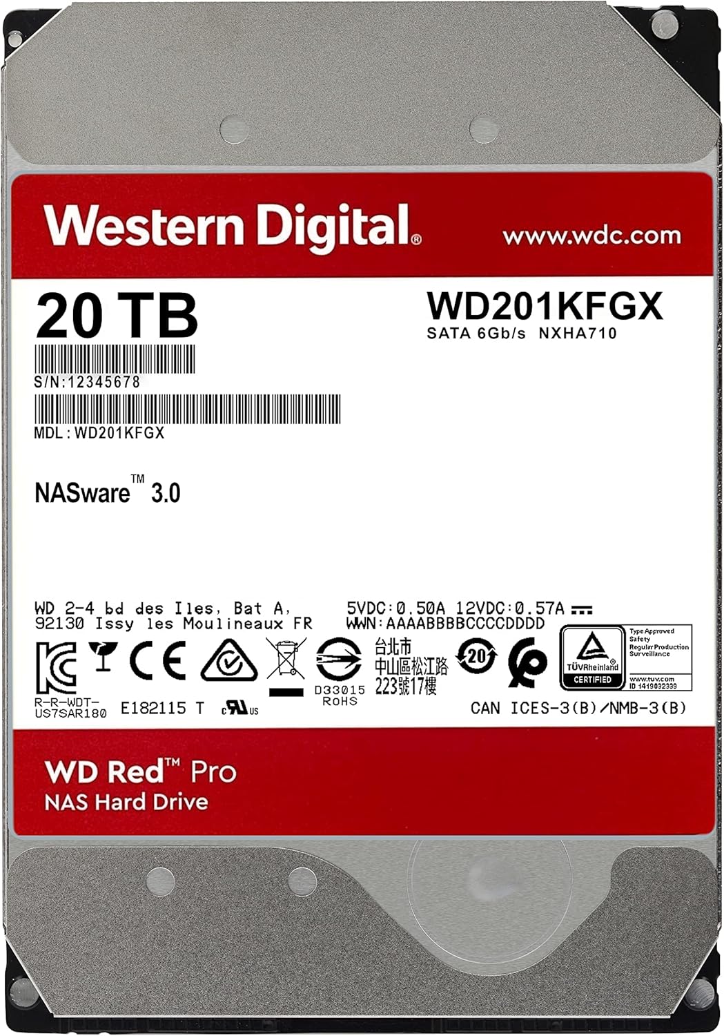 Western Digital 12TB WD Red Pro NAS Internal Hard Drive HDD - 7200 RPM, SATA 6 Gb/s, CMR, 256 MB Cache, 3.5 - WD121KFBX