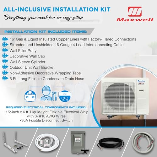 Klimaire Ductless Mini-Split Inverter Air Conditioner Heat Pump System with 15-ft Installation Kit Wall Bracket