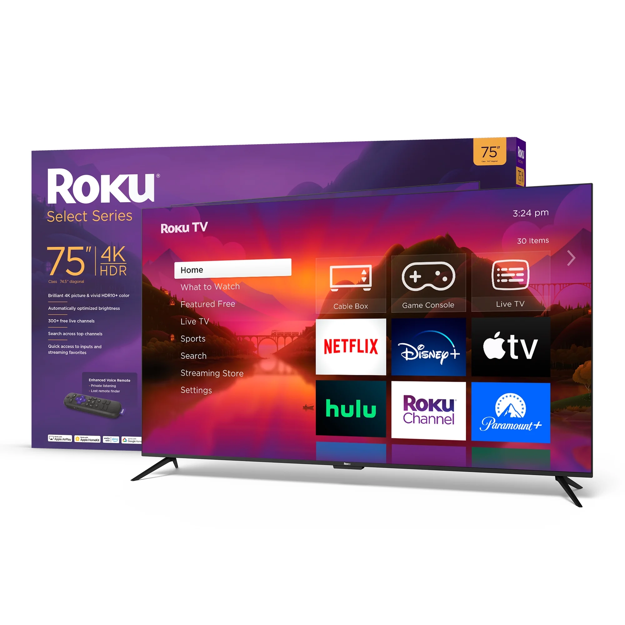 Roku 75" Select Series 4K HDR Smart RokuTV with Enhanced Voice Remote, Brilliant 4K Picture, Automatic Brightness, and Seamless Streaming