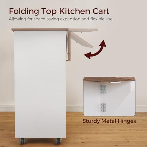 Kitchen Island on Wheels with Drop Leaf, Folding Countertop Kitchen Island Cart, Kitchen Island Table with Towel Rack, Drawer, for Kitchen, Dining Room, White and Natural KINW12501