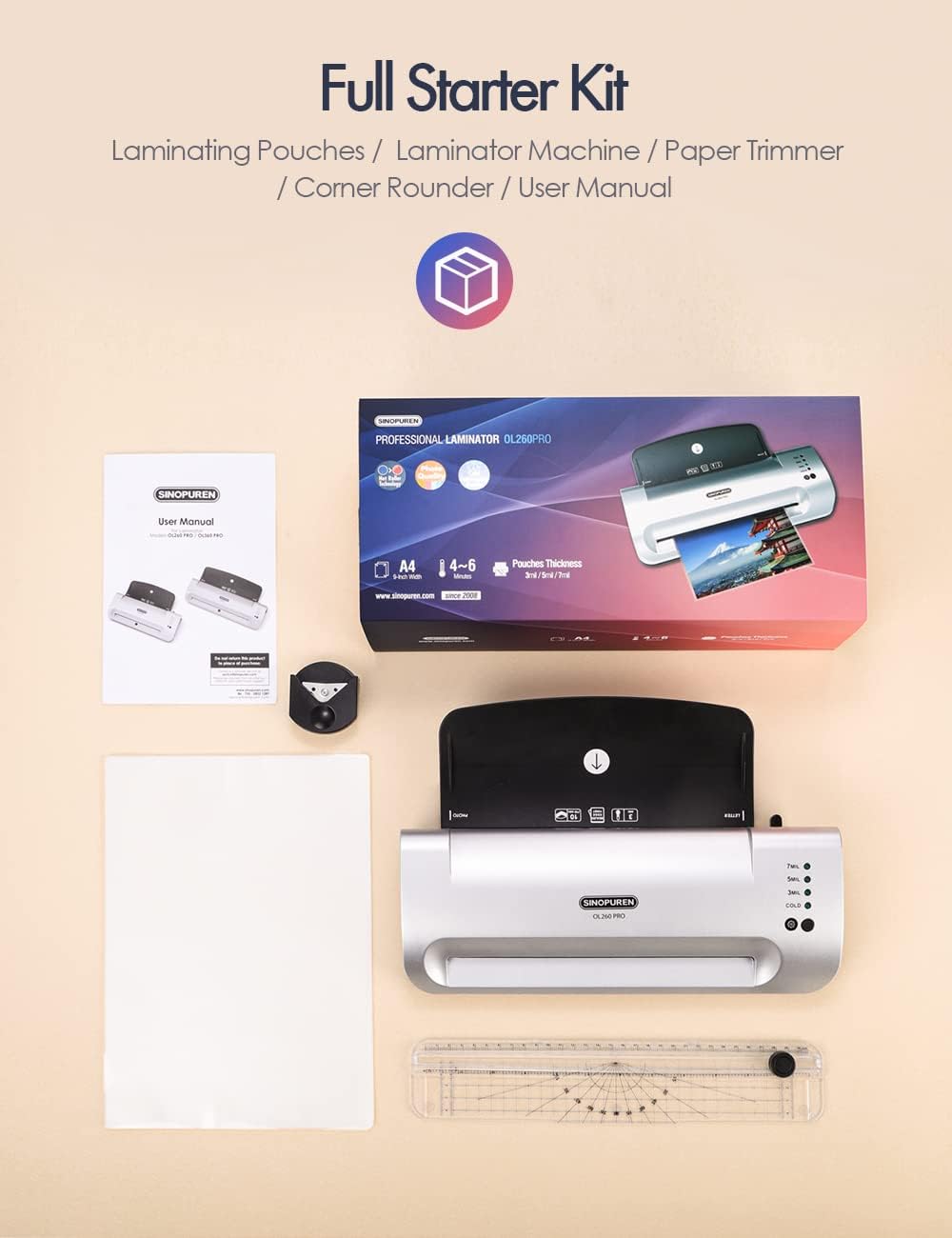 Laminator Machine, Sinopuren 13-inch Thermal Laminator, with Paper Trimmer, Corner Rounder, 10 Pouches Sheets, Quick Warm-Up, Cold and Hot Laminating for Home/School/Office