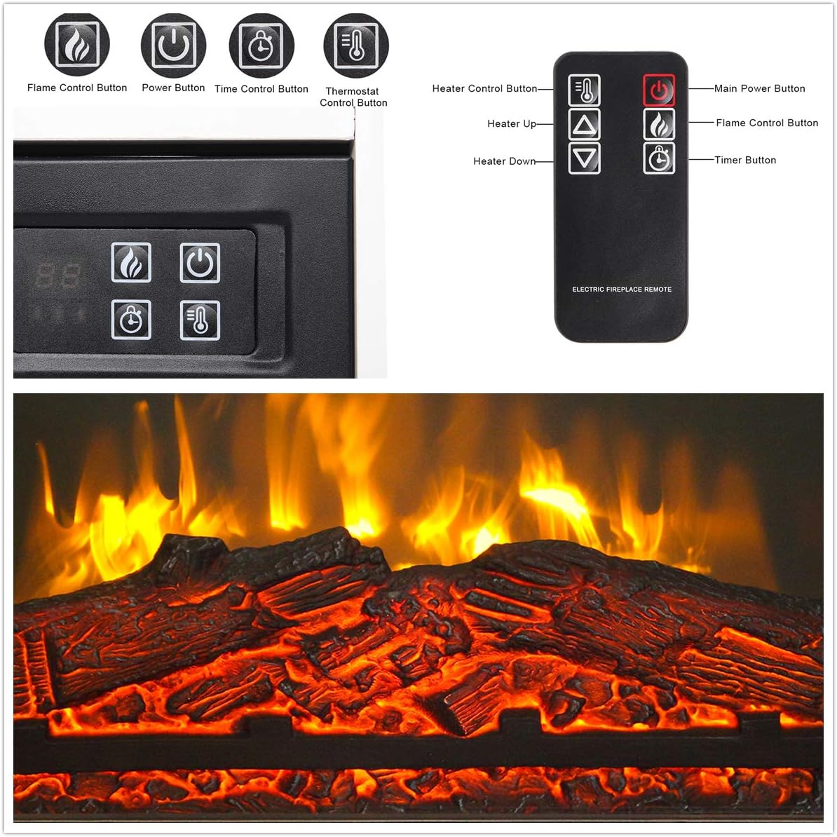 Electric Fireplace - 24.8 Inch White Wood Fireplace Cabinet with Mantel Package Freestanding Fireplace Heater , Fireplaces Stove Heater with Auto-Shutoff,Overheat Protection and Remote Control