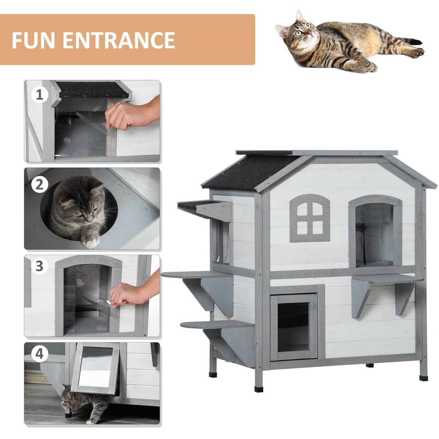 PawHut Wooden 2-Story Outdoor Cat House with Escape Door, Cat Openable Roof Platforms - Pet Supplies online store