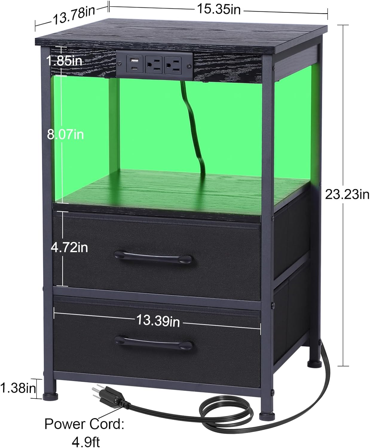 Nightstand Set of 2, Black Night Stand with Charging Station