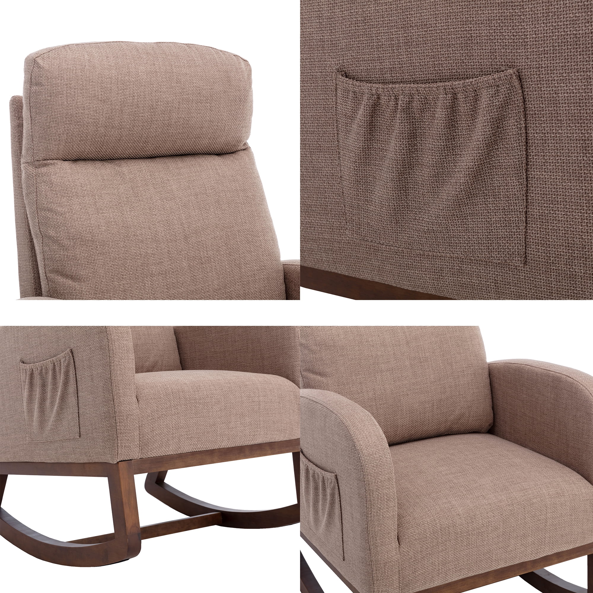 SYNGAR Modern Accent Rocking Chair, Upholstered Nursery Glider Rocker for Baby and Kids, Comfy Armchair with Side Pocket, Living Room Lounge Arm Chair, High Backrest with Wood Curved Base, Camel