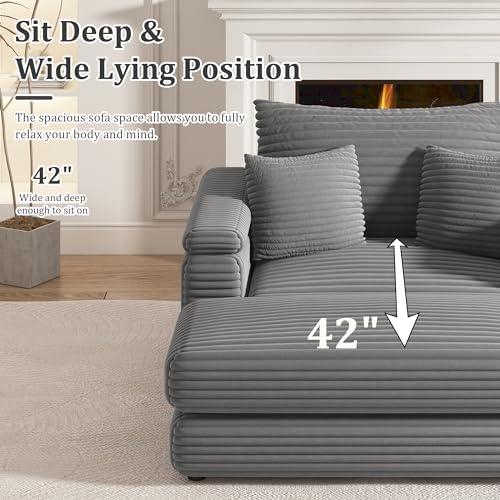Corduroy Fabric Sofa Couch with 2 Ottomans, 86.6 Inch Width Oversize Loveseat, 3 Seater Comfy Cloud Couch for Living Room Bedroom Apartment-Grey
