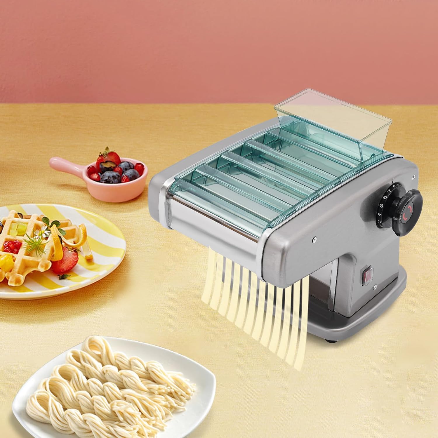 Electric Pasta Maker Machine, Automatic Noodle Machine with 9 Thickness Settings, Fresh Pasta Dough Sheet Roller Included 4 Stainless Steel Blades (2mm,2.5mm,4mm&9mm),135W