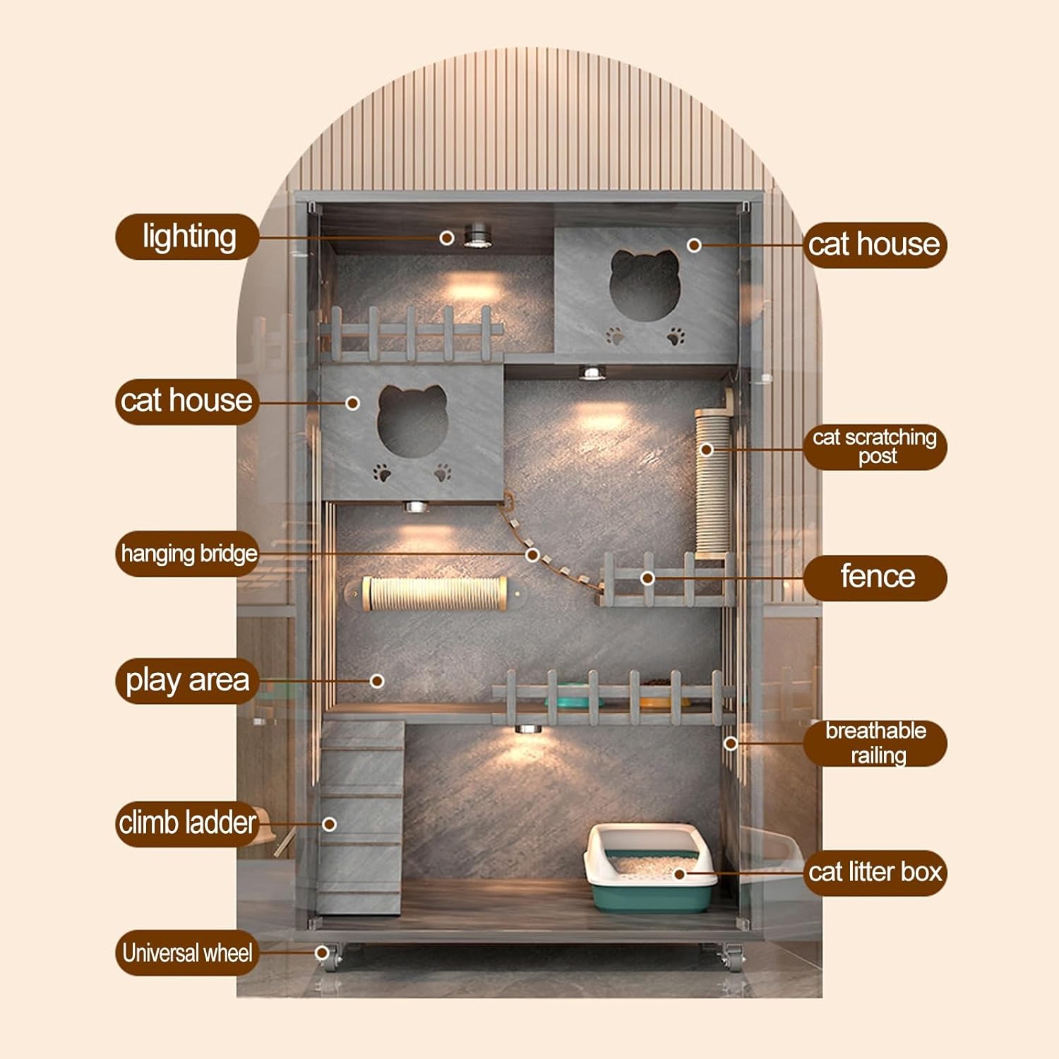 Large Cat Cage Indoor Catio Cat Enclosures, Wooden Cat Cage, Large Space with Scratching Post, Multi-Feature Cat Playpen for Indoor Cats Enclosed for Cats Ventilation Glass Doors