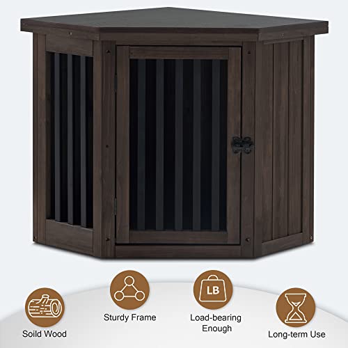 MCombo Furniture Corner Dog Crate, End Table Dog Kennel with Door, Wooden Dog House, Pet Crate Indoor Use 1578 (Medium, White and Brown)