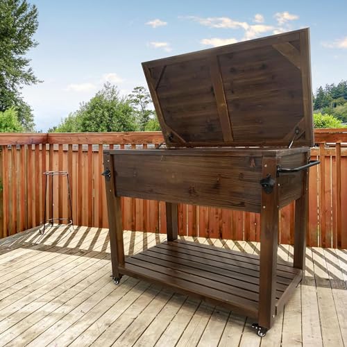 Wooden Patio Cooler with Wheels, Handles and Bottle Opener, Ice Chest with Shelf, Portable Beverage Drink Rolling Cart for Outdoor, Backyard, Garden, Deck, 100-Quart