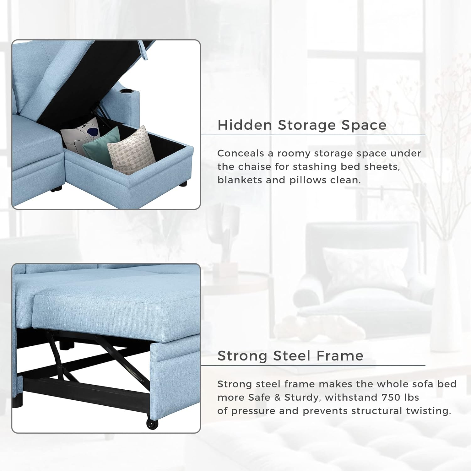 80.3" L-Shape Convertible Sleeper Sofa with Pull-Out Bed, Storage Chaise and 2 Cup Holders, Linen Fabric 3 Seater Upholstered Reversible Couch for Small Spaces Living Room, Blue