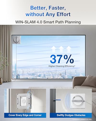 ECOVACS Winbot W1 Pro Window Cleaning Robot, Intelligent Cleaning with Dual Cross Water Spray Technology, Win SLAM 3.0 Path Planning, 2800Pa Suction Power, Edge Detection Technology, App Control,Grey