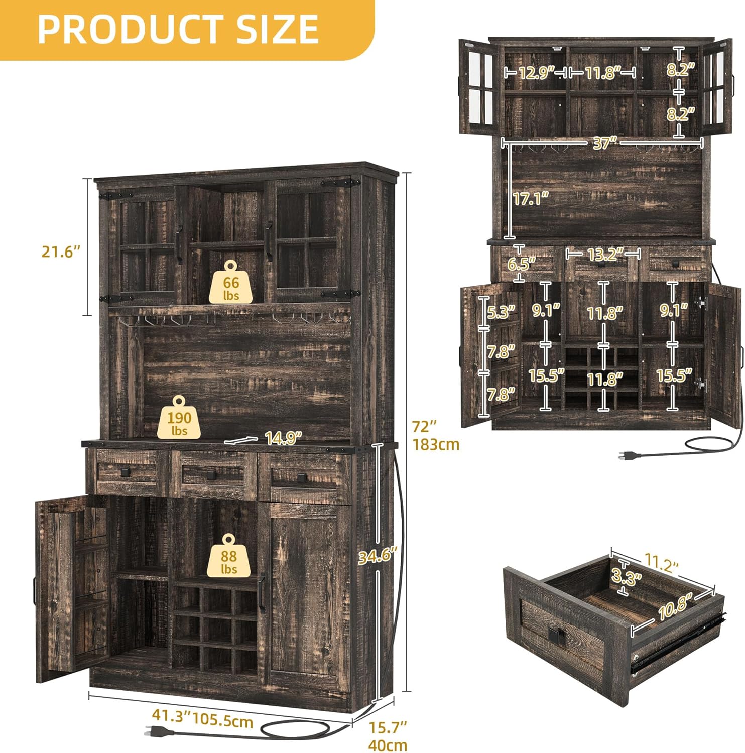 DWVO 72'' Kitchen Pantry Storage Cabinet with Lights, Microwave Stand Tall Traditional Home Bar Cabinet with Power Outlet, Hutch Pantry Buffet Cupboard with Drawers and Doors, Dark Rustic Oak