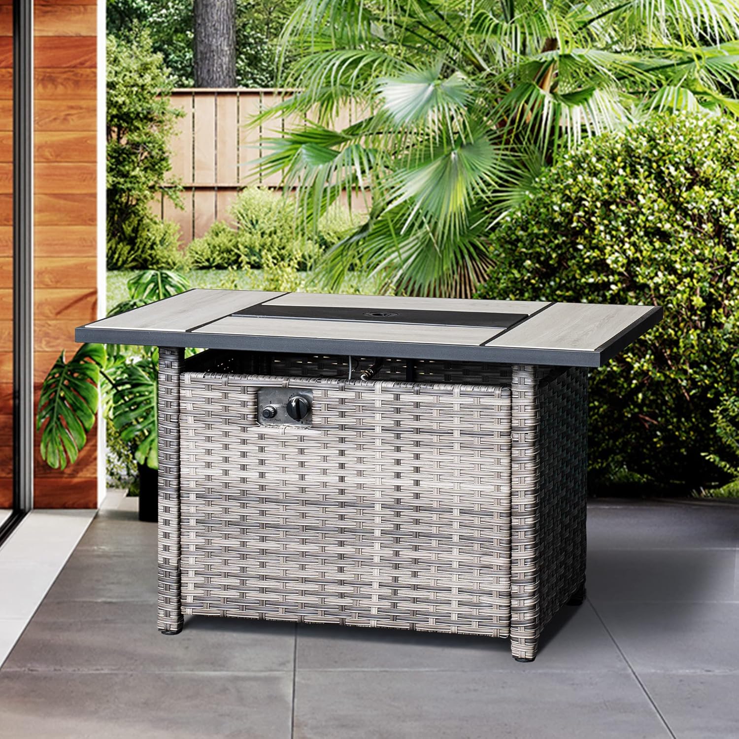 ovios Fire Pit Table 42 inch Outdoor Rectangle Gas Fire Table with Lid, 50,000 BTU, Propane Fire Pit Table Wicker Rattan Patio Dinning Table for Yard Garden Porch, Grey Wicker