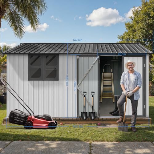 10' x 8' Large Outdoor Storage Shed, Sturdy Metal Building w/Windows & Lockable Doors for Garden, Backyard, Poolside and Lawn, Grey