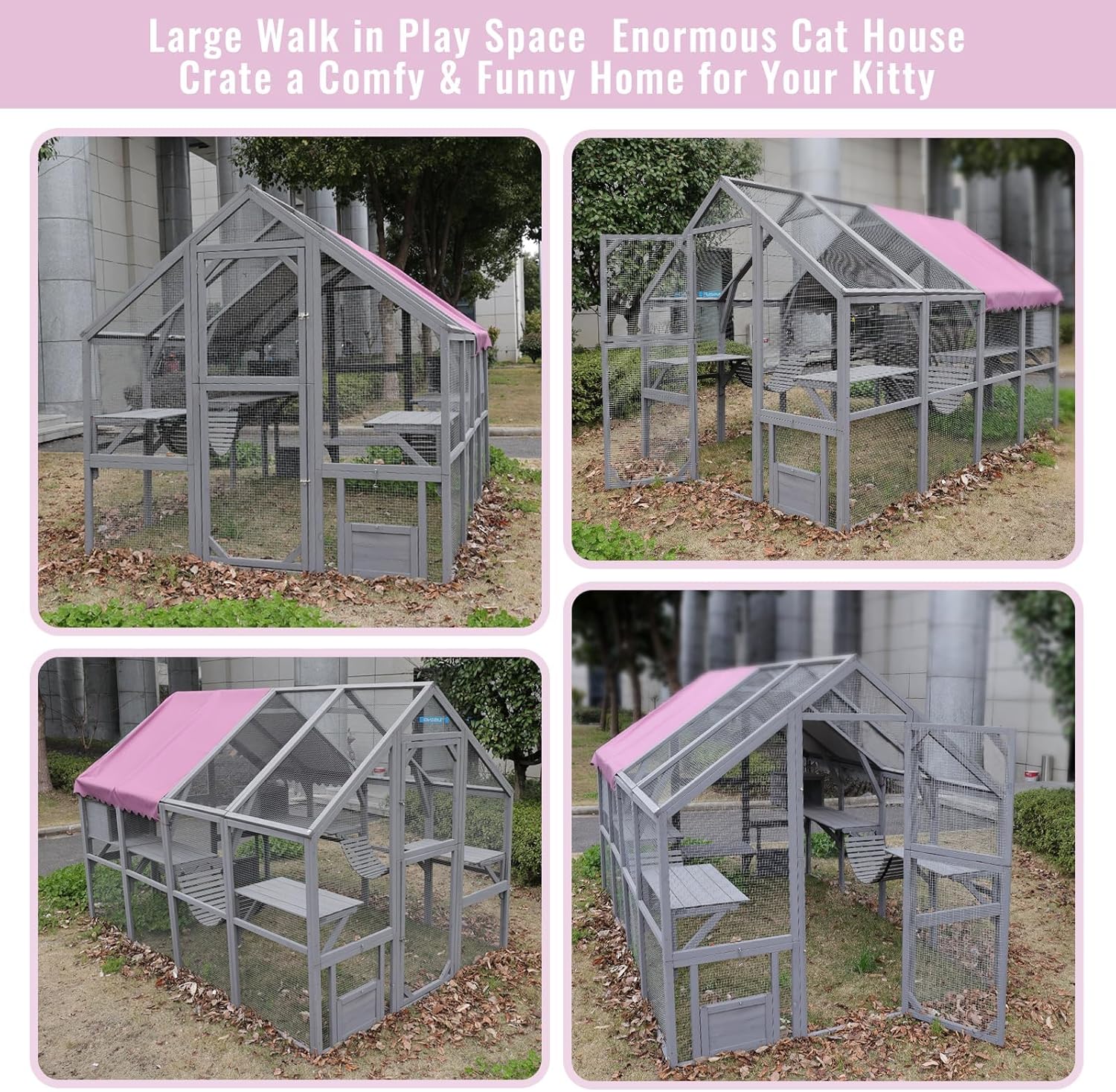 Large Catio Outdoor Cat Enclosure with Large Enter Door and Waterproof,Bridges,Small Houses,Roof Coverd,Cat House 110 Inch for Multiple Cats