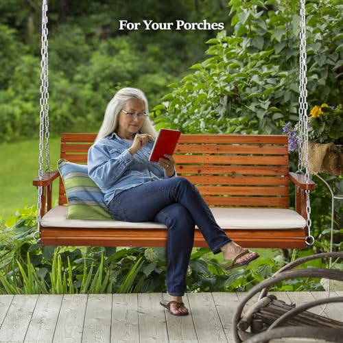VINGLI Heavy Duty 880 LBS Patio Wooden Porch Swing Outdoor with Extra Cushion, Farmhouse Hanging Bench Tree Swing with Adjustable Chains for Yard | Garden | Lawn | Balcony (5 FT, Rustic)