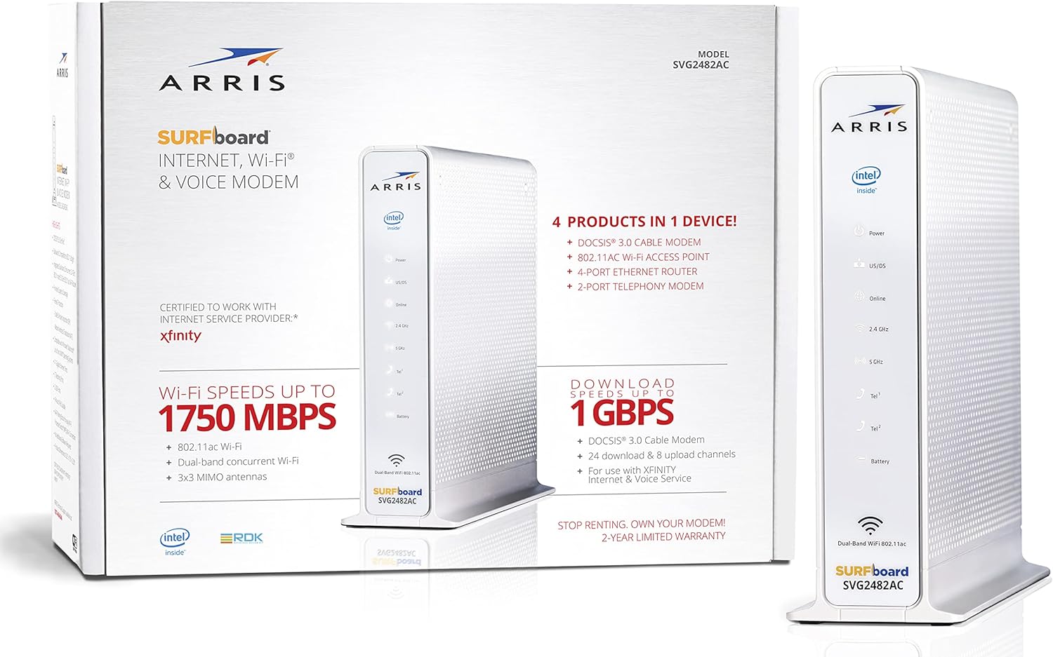 ARRIS SURFboard SVG2482AC DOCSIS 3.0 24x8 Cable Modem & AC1750 Wi-Fi Router | Certified for Xfinity Internet & Voice | Approved for Xfinity plans up to 800 Mbps