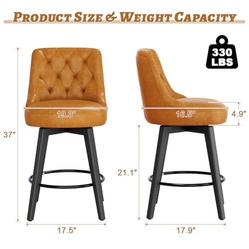 Sunny Heart Swivel Bar Stools with Backs,30" H Counter Stools Set of 2,Counter Height Bar Stools, Upholstered Kitchen Barstools with Solid Wood Legs,Beige