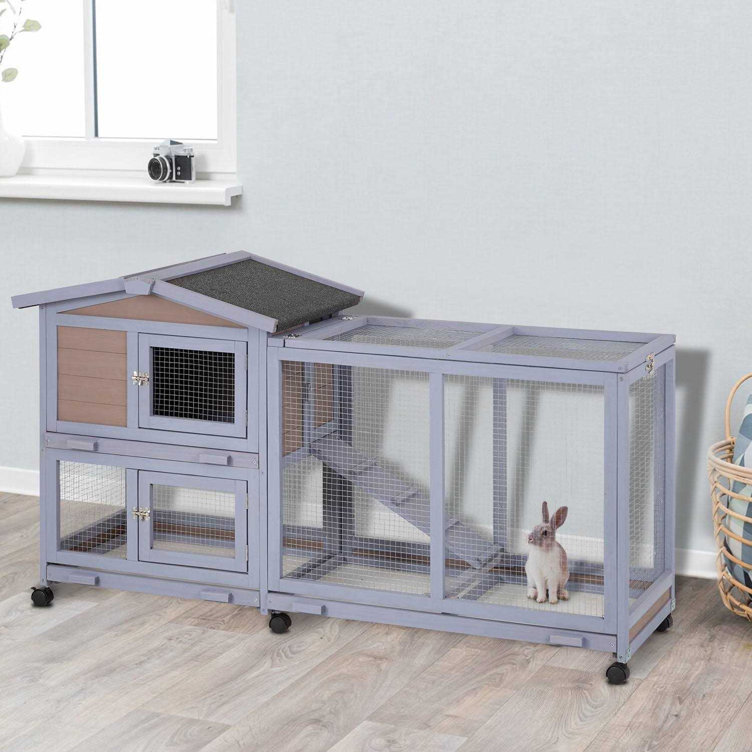 Niamvelo Wood Rabbit Hutch Indoor&amp;Outdoor Bunny Cage with Wheels &amp;Waterproof Roof for Small Animals - Pet Supplies online store