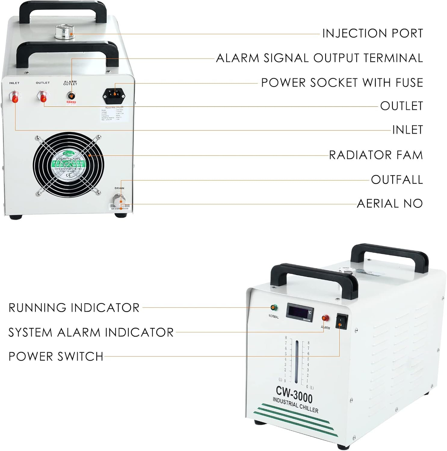 DasMarine CW-3000 Water Chiller,8L Industrial Water Chiller,Thermolysis Type Water Cooling Chiller Machine,110V Economic Water Cooling Equipment for 60W 80W Laser Engraving Machine