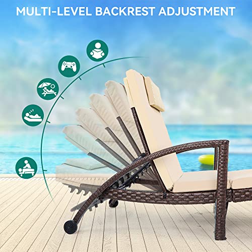 YITAHOME Outdoor Chaise Lounge Chair, PE Rattan Wicker Patio Pool Loungers with 5-Position Adjustable Backrest, Armrests, Cushion, Pillow, and Wheels for Poolside Porch Garden Beach (Brown)