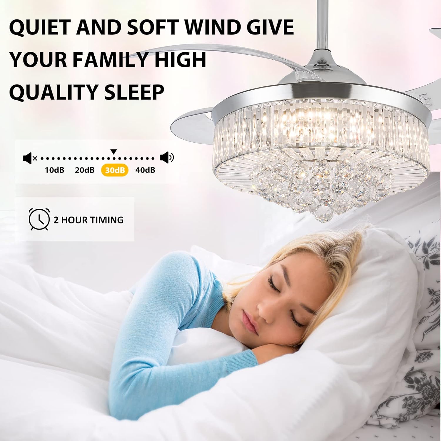 36 Inch Crystal Ceiling Fans with Lights, Modern Dimmable Fandelier LED Remote Control Retractable Invisible Blades Indoor Reversible Ceiling Light Kits with Fans for Decorate Living Room Bedroom