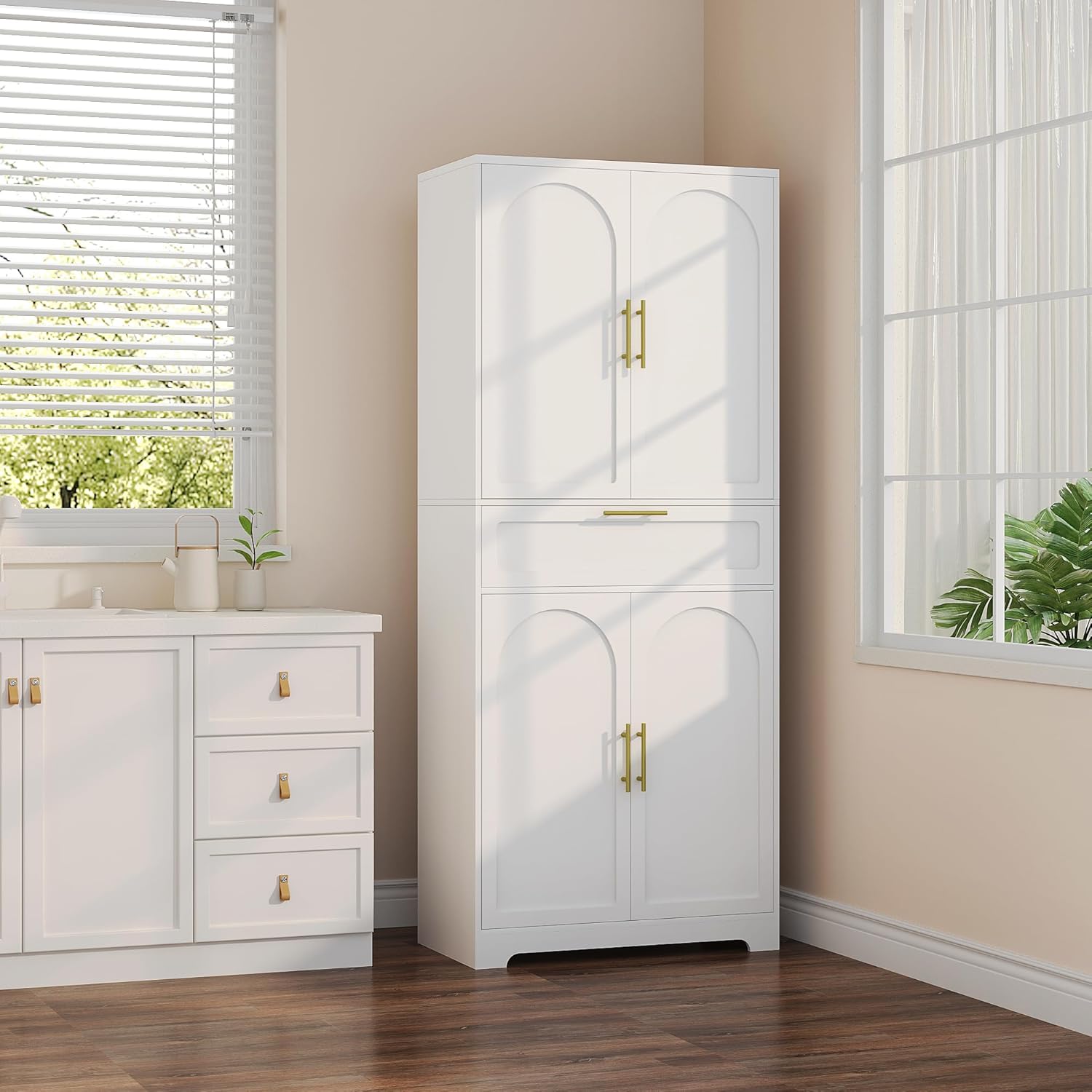 71" Kitchen Pantry Storage Cabinet, Tall Storage Cabinet with Adjustable Shelves, 1 Drawer, 4 Doors, Freestanding Cupboards Sideboard for Dining Room, Living Room, Laundry, White PT18103X