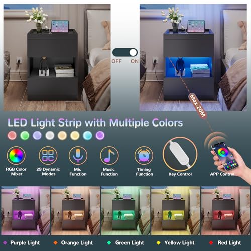 VIAGDO Set of 2 Nightstands with Charging Station and LED Lights, LED Night Stand Set 2 with 2 Drawers and Drawer Organizer, Modern Glass Top Bedside Tables, End Side Tables for Dorms, Bedrooms
