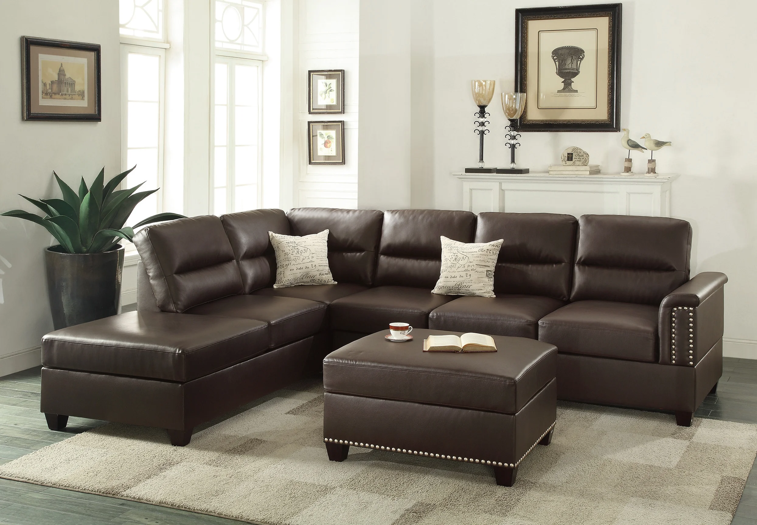 Living Room Furniture Modern Contemporary Espresso Faux Leather Sectional Sofa 3pcs Sectional Sofa Set Couch Cushion Pillows