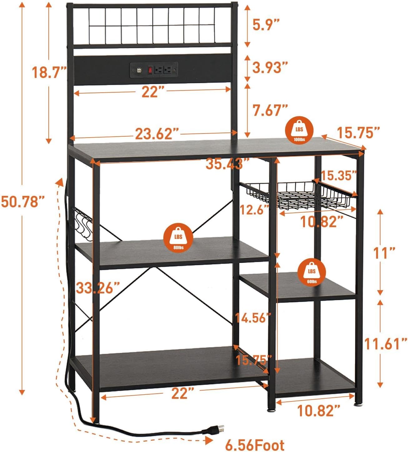 FJU Kitchen Bakers Rack with Power Outlet, Microwave Stand, Kitchen Storage Rack with Wire Basket, 6 Hooks, Kitchen Shelves for Spices, Pots, and Pans, Black